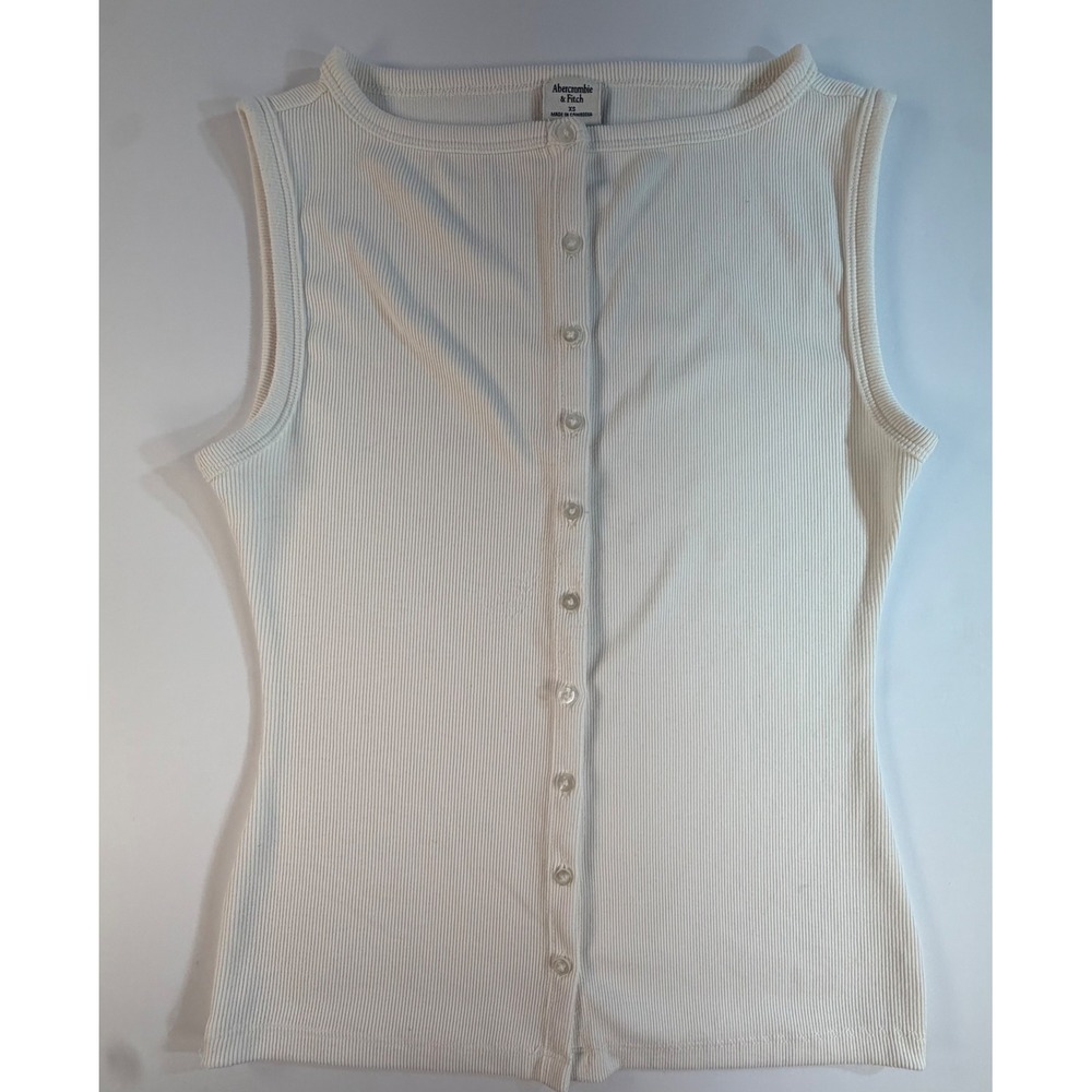 Abercrombie & Fitch Womens XS Ribbed Button Front Sleeveless Top Cream Boat Neck